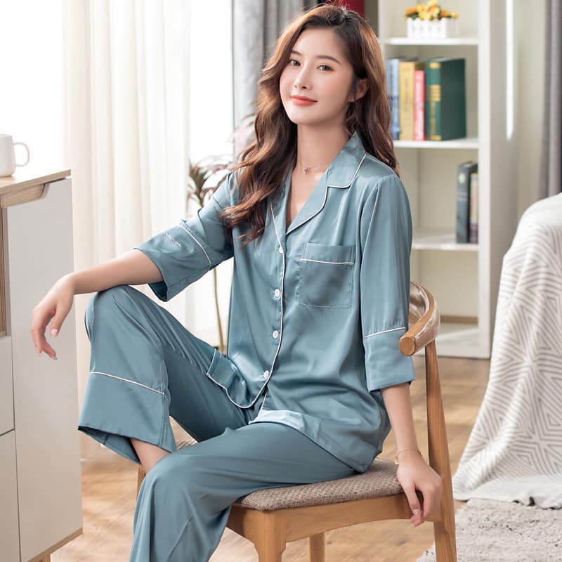 202001-1 - Bộ pyjama nữ tay lỡ mặc nhà chất lụa hàng nhập - giá 470k