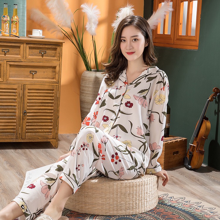 101122 Bộ pyjama nữ xuân thu dài tay cotton lụa mềm mại cao cấp  hàng nhập