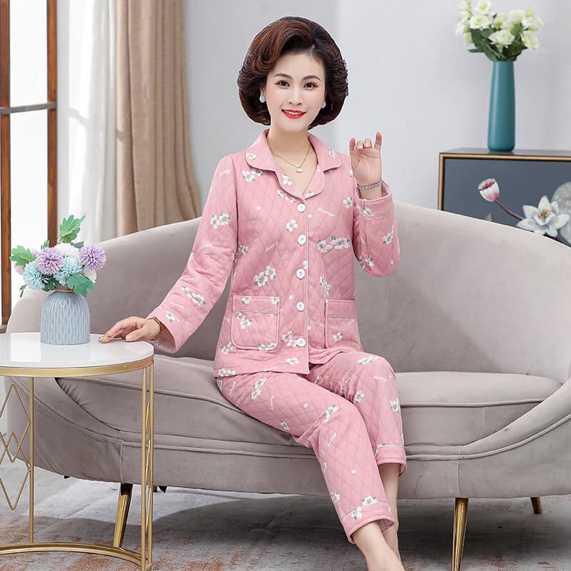 PY6515 - Bộ pyjama nữ dài tay chất cotton dày thu đông cho người trung tuổi - giá 340k