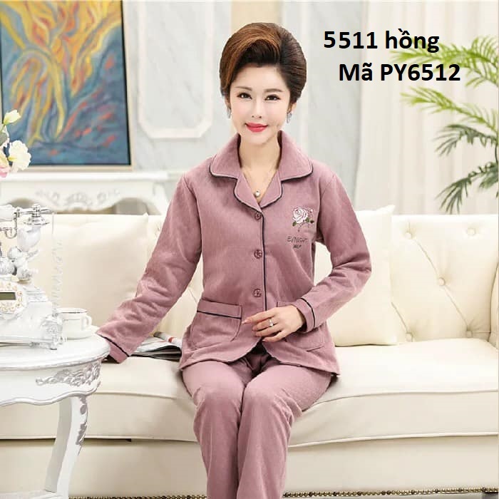 PY6512 - Bộ pyjama nữ dài tay chất cotton dày thu đông cho người trung tuổi - giá 390k