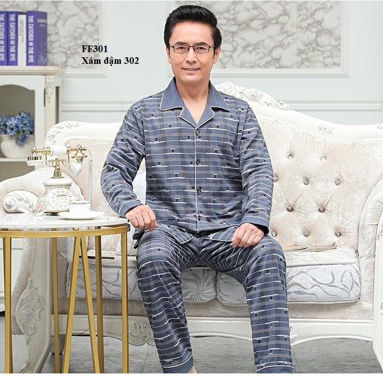 FF301 Bộ pyjama nam dài tay chất cotton cho người trung tuổi hàng nhập