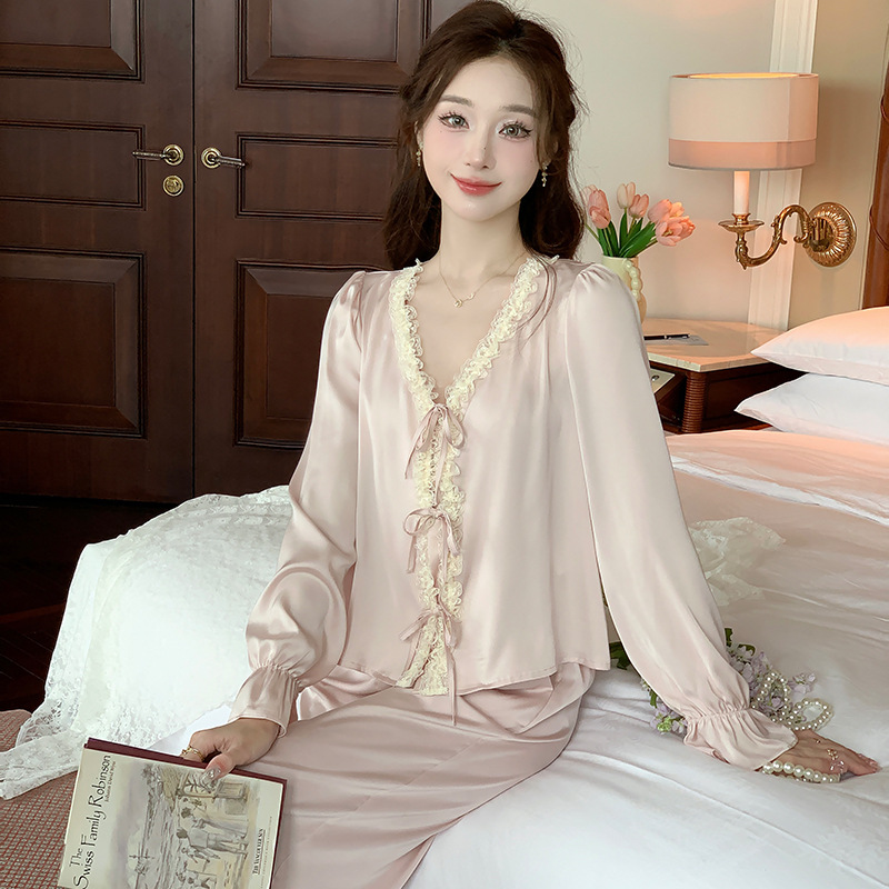NG5366 Bộ pyjama nữ mặc nhà dài tay vải lụa mềm mại cao cấp hàng nhập
