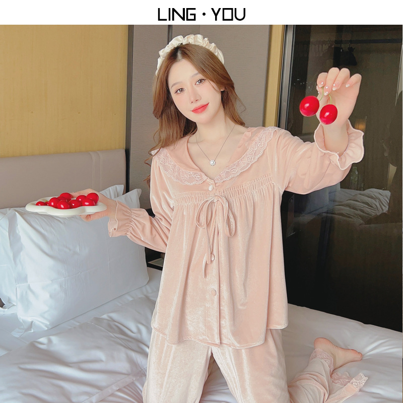 NG5359 Bộ pyjama nữ mặc nhà dài tay vải nhung mềm mại cao cấp hàng nhập