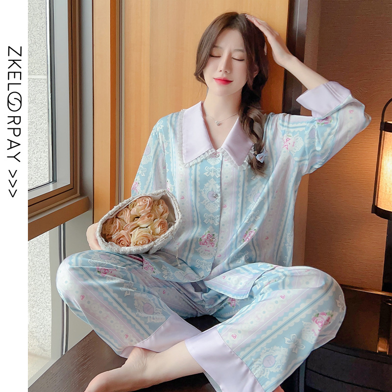 SC062 Bộ pyjama nữ mặc nhà dài tay phối họa tiết nổi bật vải lụa satin mềm mại, thoáng mát