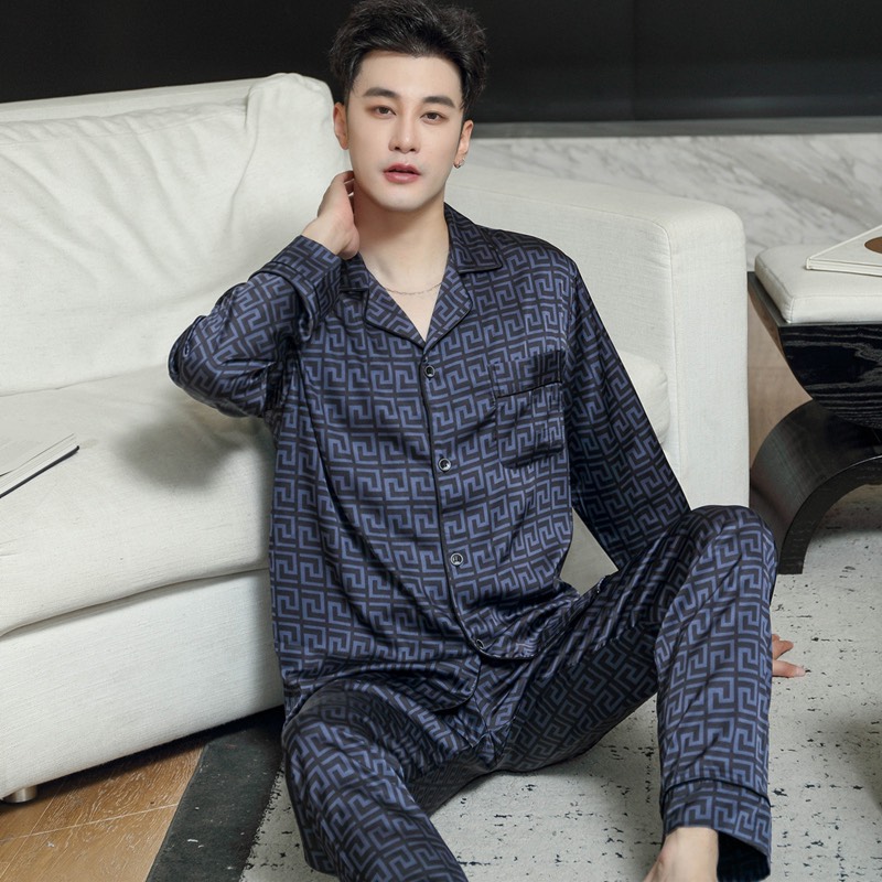 NG3791 [SẴN 2024] Bộ pyjama nam dài tay phối họa tiết nổi bật vải lụa satin mềm mại, thoáng mát