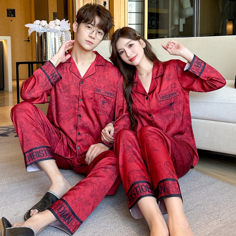 G3766D Bộ pyjama đôi nam nữ cưới dài tay phối họa tiết lụa Satin mềm mại, thoáng mát