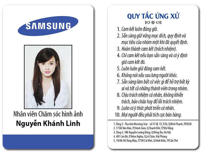 Thẻ nhân viên Samsung: Thẻ nhân viên Samsung sẽ giúp cho công ty của bạn trông chuyên nghiệp và hiện đại hơn. Cùng một lúc, nó giúp quản lý chấm công và an ninh văn phòng trở nên dễ dàng hơn. Bạn muốn biết thêm chi tiết về thẻ nhân viên Samsung, hãy click vào hình ảnh liên quan.