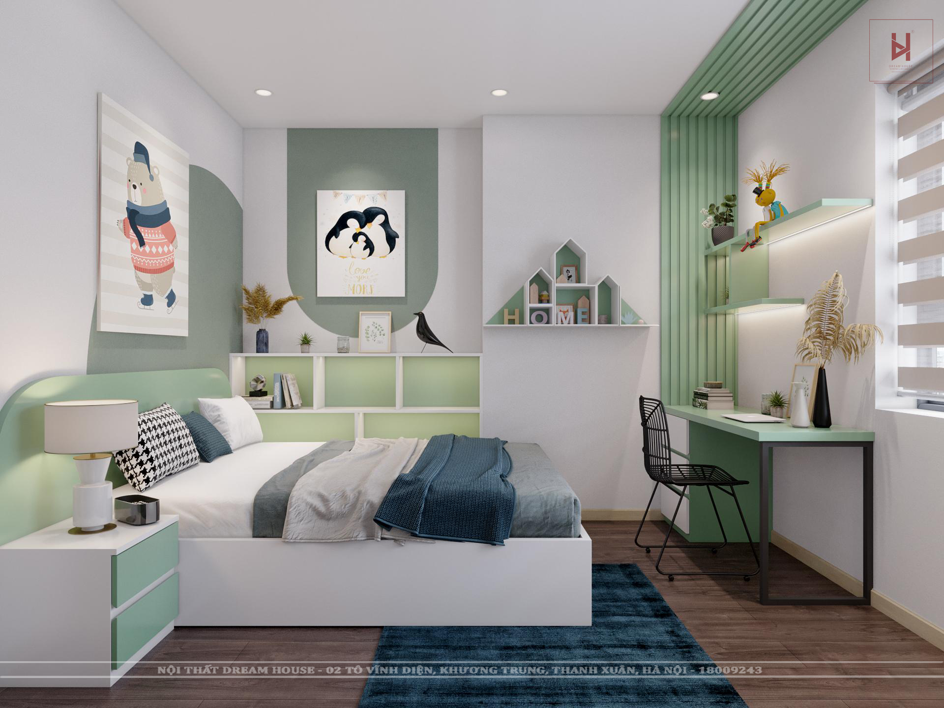 Phòng ngủ bé xanh lá cây với các đồ nội thất đẹp, tươi sáng sẽ giúp bé được nghỉ ngơi và phát triển tốt hơn. Màu xanh lá cây là màu sắc mang lại cảm giác yên tĩnh, thư giãn cho bé, giúp bé có giấc ngủ ngon và sâu hơn.