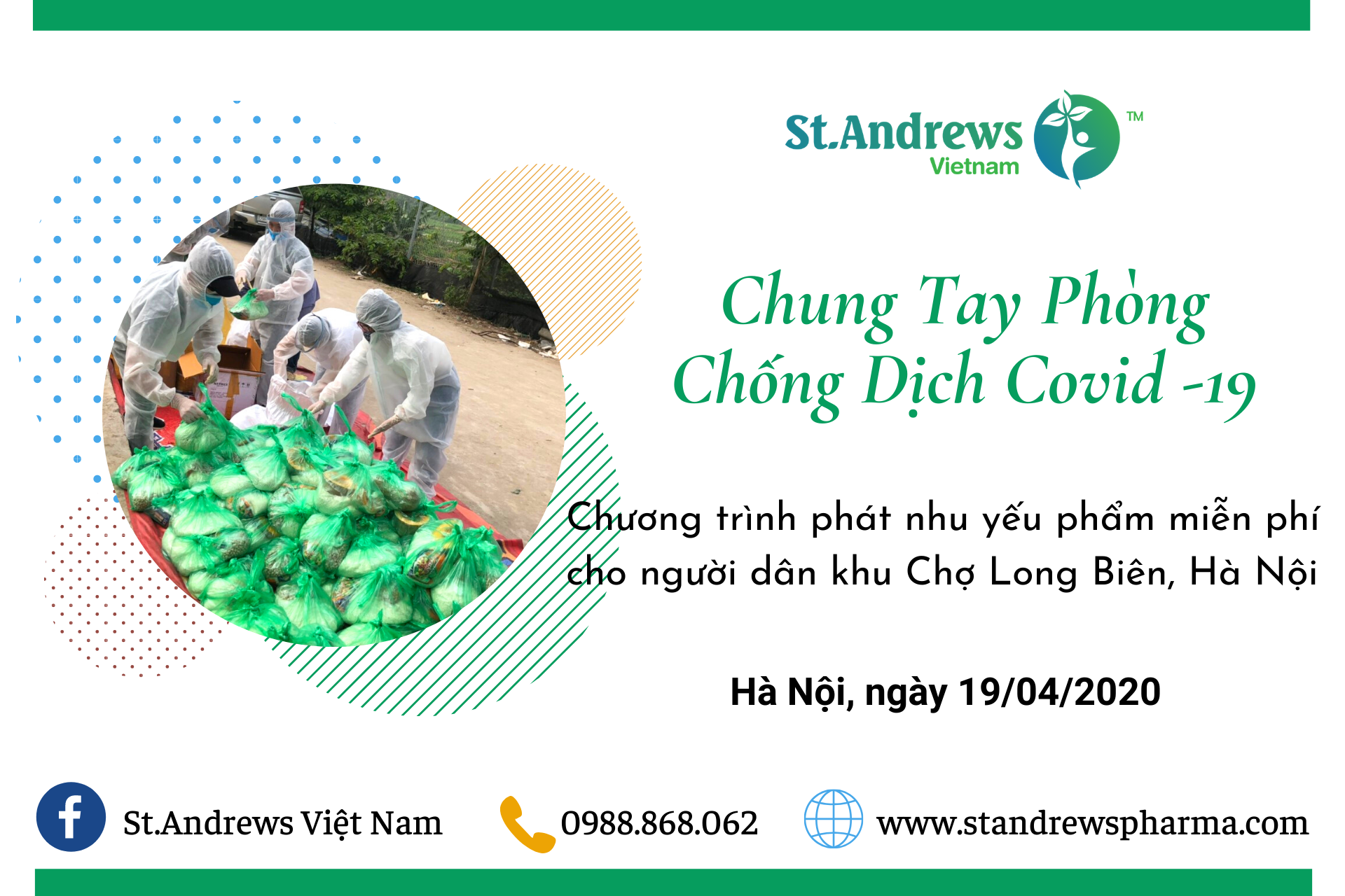 CHUNG TAY ĐẨY LÙI ĐẠI DỊCH COVID - 19 - Dược phẩm St.Andrews Việt Nam tổ chức phát nhu yếu phẩm miễn phí cho người dân nghèo tại Long Biên, Hà Nội