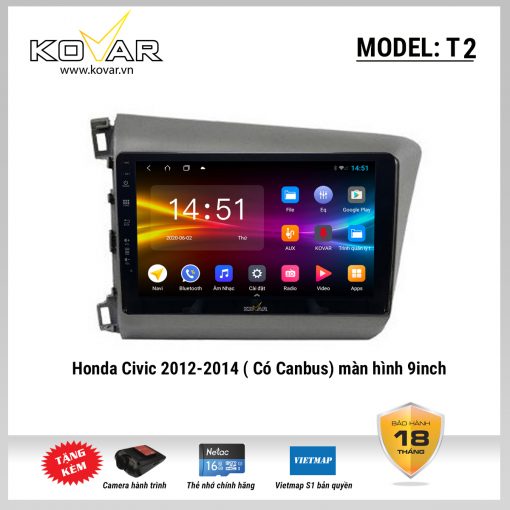 Màn hình DVD Android KOVAR T2 – Honda Civic 2012 – 2014