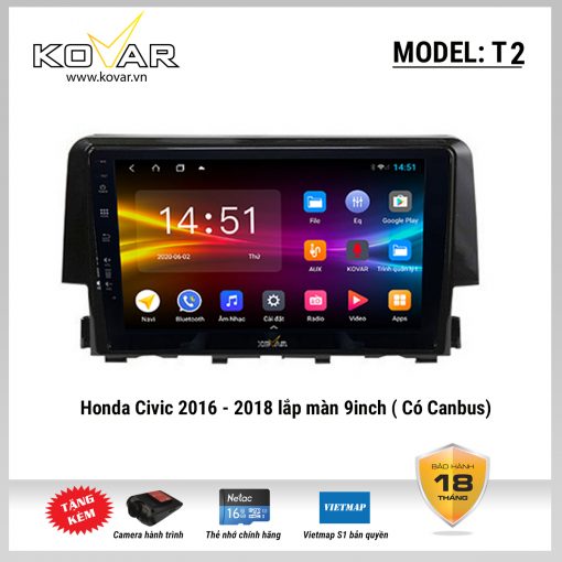 Màn hình DVD Android KOVAR T2 – Honda Civic 2016 – 2018