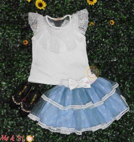 Set thiết kế áo ren bèo váy tầng cho bé gái size 7