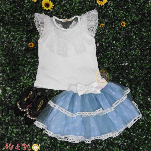 Set thiết kế áo ren bèo váy tầng cho bé gái size 4 - size 6