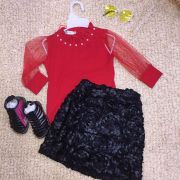 Set thiết kế áo áo đỏ váy đen hoa( nhí )