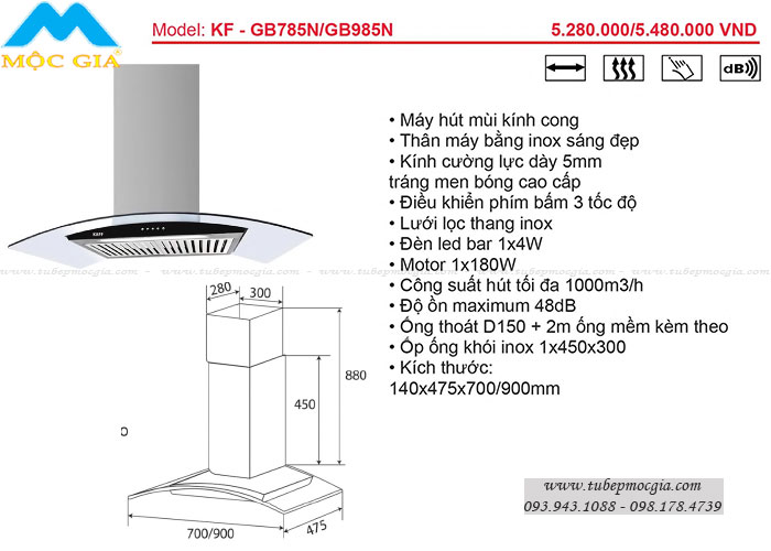 đặc tính thiết bị nhà bếp KAFF - Máy hút khử mùi KAFF KF-GB783N/GB983N