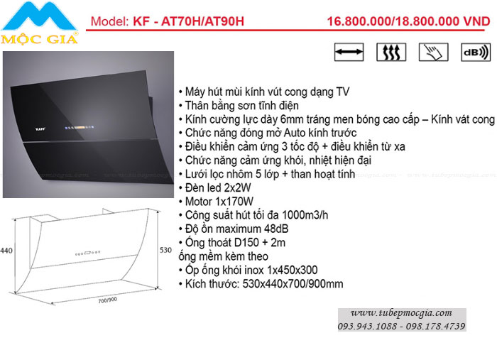 đặc tính thiết bị nhà bếp KAFF - Máy hút khử mùi KAFF KF-AT70H/AT90H
