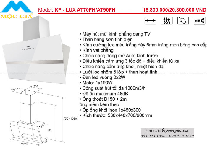 đặc tính thiết bị nhà bếp KAFF - Máy hút khử mùi KAFF KF-LUX AT70FH/AT90FH