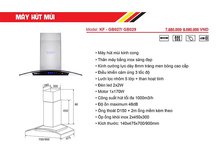 đặc tính thiết bị nhà bếp KAFF - Máy hút khử mùi KAFF KF-GB027/GB029