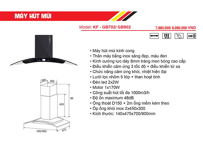 đặc tính thiết bị nhà bếp KAFF - Máy hút khử mùi KAFF KF-GB702/GB902