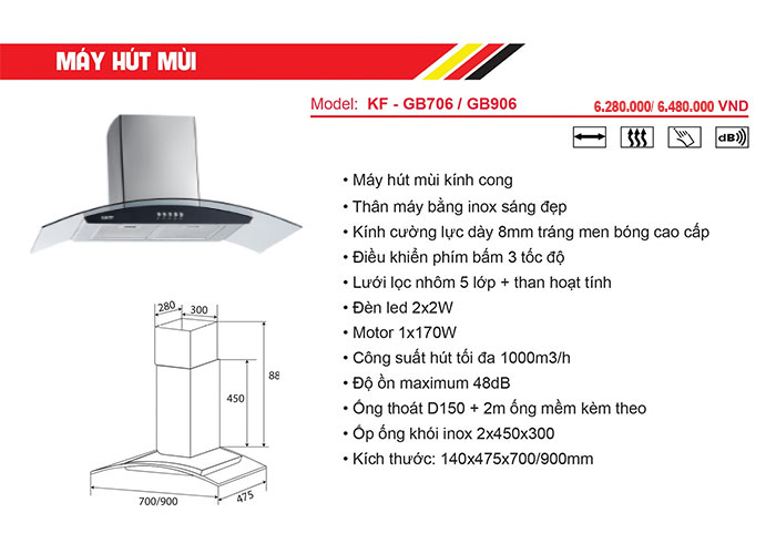 đặc tính thiết bị nhà bếp KAFF - Máy hút khử mùi KAFF KF-GB706/GB906