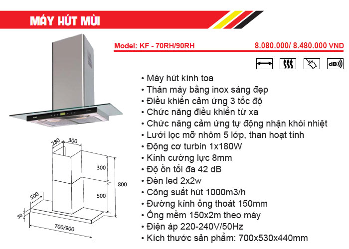đặc tính thiết bị nhà bếp KAFF - Máy hút khử mùi KAFF KF-70RH/90RH