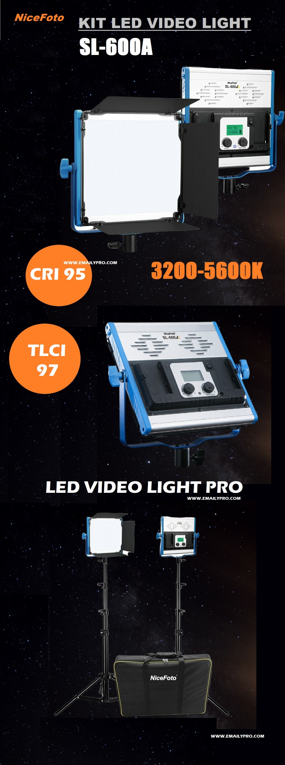 Bộ đèn LED video NiceFoto SL-600A 30w Bi-Color 3200K-6500K