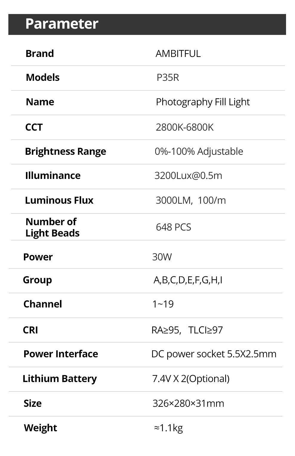 Ambitful 30W P35R RGB 2800-6800K LED Video