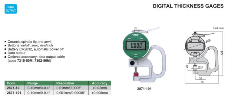 Đồng hồ đo độ dày điện tử Insize 2871-101 (0-10mm/0-0.4" 0.001mm/0.00005")