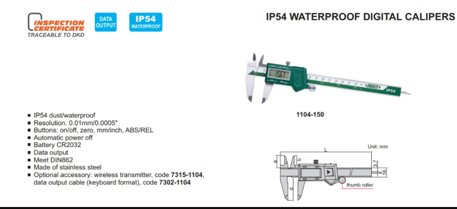 Thước cặp điện tử chống nước Insize 1104-150 (0-150mm/0-6" 0.01mm/0.0005" IP54)