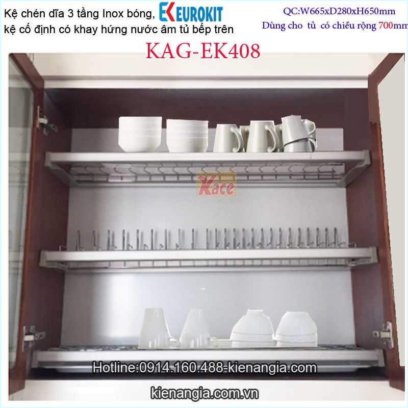 Khay inox 3 tầng úp chén bát tủ bếp trên 70cmEUROKIT-KAG-EK408