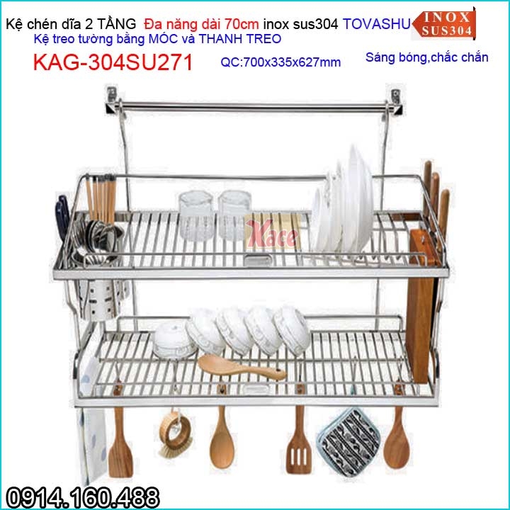 Kệ chén đa năng 2 tầng tủ bếp ốp kính Tovashu sus304 dài 70cm KAG-304SU271