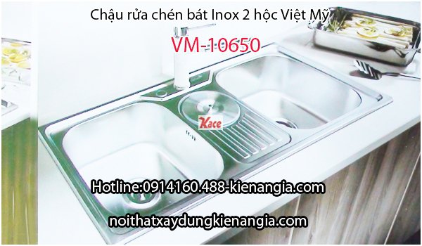 Chậu rửa chén SUS 304 2 hộc 106x50 x23cm Việt Mỹ VM-10650