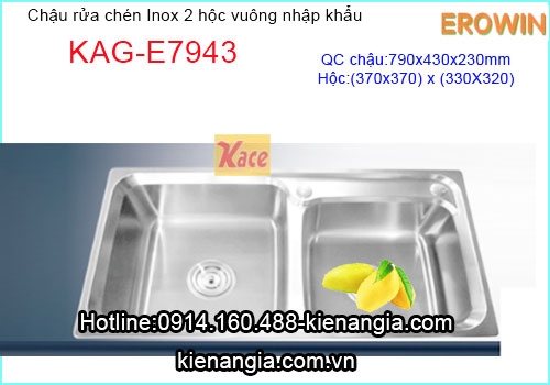 Chậu rửa chén EROWIN inox 2 hộc vuông KAG-E7943