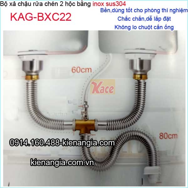 Bộ xả chậu rửa chén 2 hộc cao cấp ống bằng inox sus304 KAG-BXC22