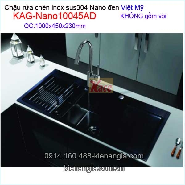 Chậu rửa chén inox sus304 Nano đen 2 hộc 100x45x23cm Việt Mỹ KAG-Nano10045AD