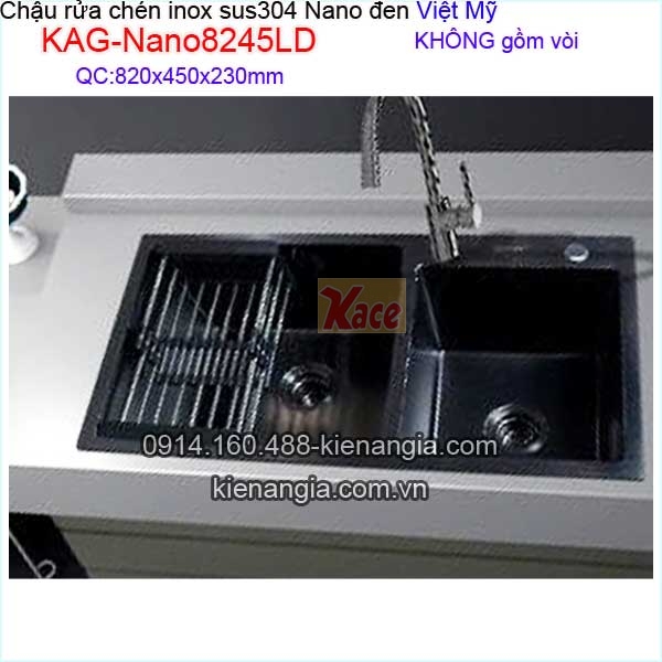 Chậu rửa chén inox sus304 Nano đen 2 hộc 82x45 x23cm Việt Mỹ KAG-Nano8245LD