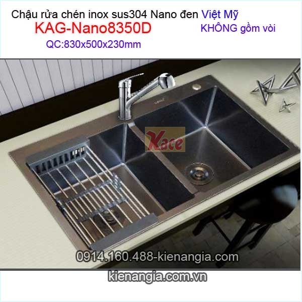 Chậu rửa chén inox sus304 Nano đen 2 hộc 83x50 x23cm  Việt Mỹ KAG-Nano8350D