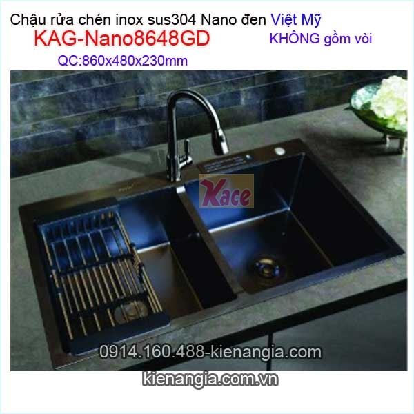 Chậu rửa chén inox sus304 Nano đen 2 hộc 86x48 x23cm  Việt Mỹ KAG-Nano8648GD