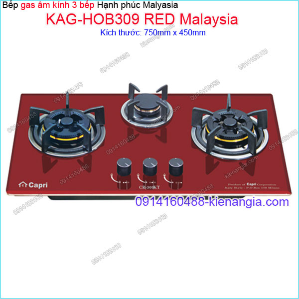 Bếp 3 gas âm kính đỏ sung túc Capri Malaysia KAG-HOB309-RED Malaysia