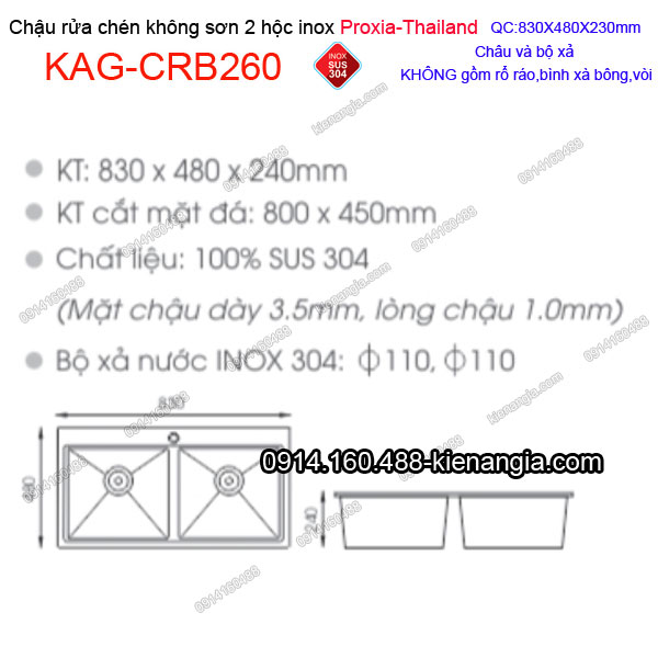 KAG-CRB260-Chau-rua-chen-2-hoc-khong-son-830x450-inox-304-Proxia-KAG-CRB260-thong-so