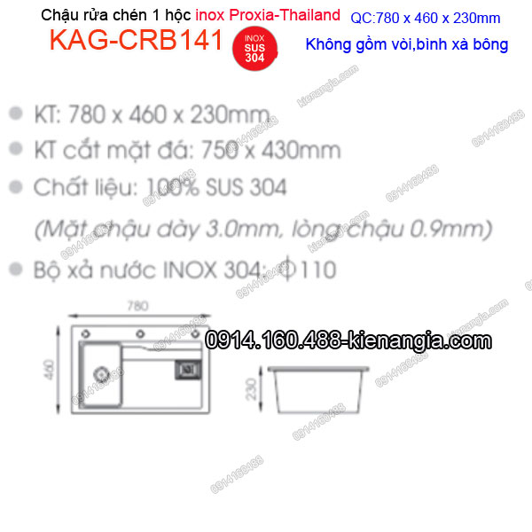 KAG-CRB141-Chau-rua-chen-1-hoc-78x46-inox-304-Proxia-KAG-CRB141-thong-so