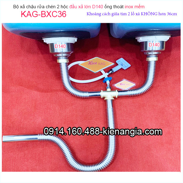 Bộ xả chậu rửa chén ống inox mềm 2 hộc lớn D140 KAG-BXC36