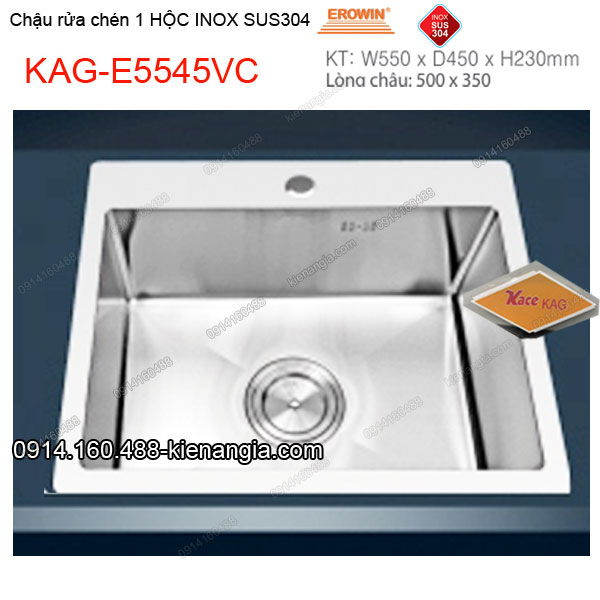 Chậu rửa chén 1 hộc 55x45 cm  inox304 EROWIN KAG-E5545VC