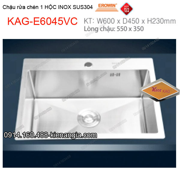 Chậu rửa chén 1 hộc 60x45 cm  inox304 EROWIN KAG-E6045VC