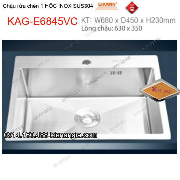 Chậu rửa chén 1 hộc 68x45 cm  inox304  EROWIN KAG-E6845VC