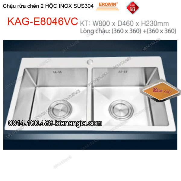 Chậu rửa chén 2 hộc vuông 80x46 cm  inox 304 EROWIN KAG-E8046VC
