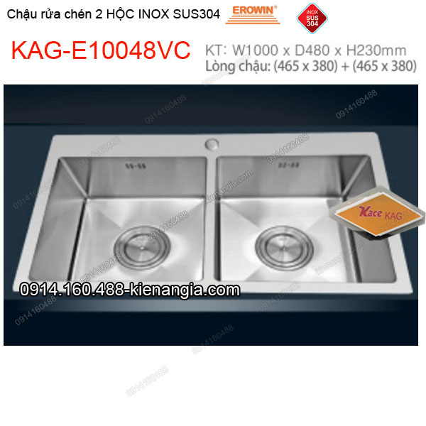 Chậu rửa chén 2 hộc vuông 100x48 cm  inox 304 EROWIN KAG-E10048VC