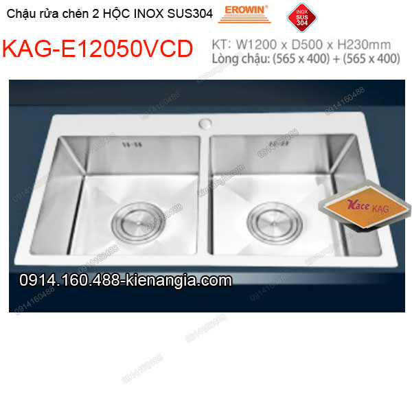 Chậu rửa chén 2 hộc vuông 120x50 cm  inox 304 EROWIN KAG-E12050VCD