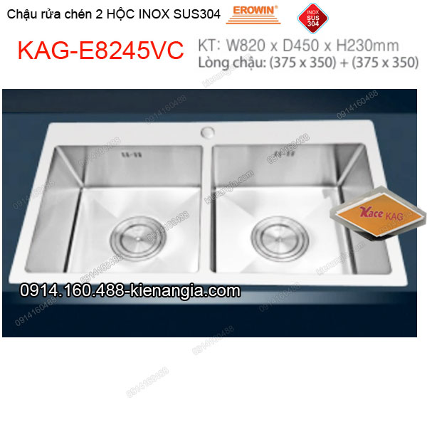 Chậu rửa chén 2 hộc vuông 82x45 cm  inox 304 EROWIN  KAG-E8245VC
