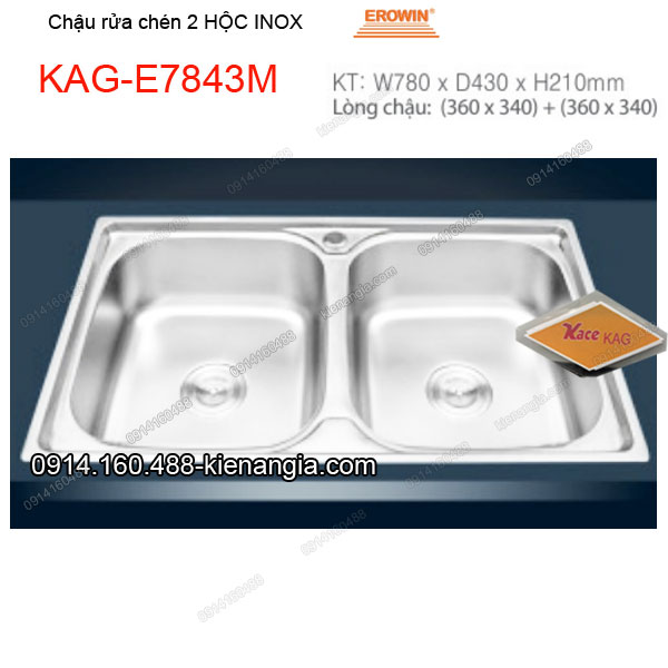 Chậu rửa chén 2 hộc 78x43 cm  inox  EROWIN KAG-E7843M
